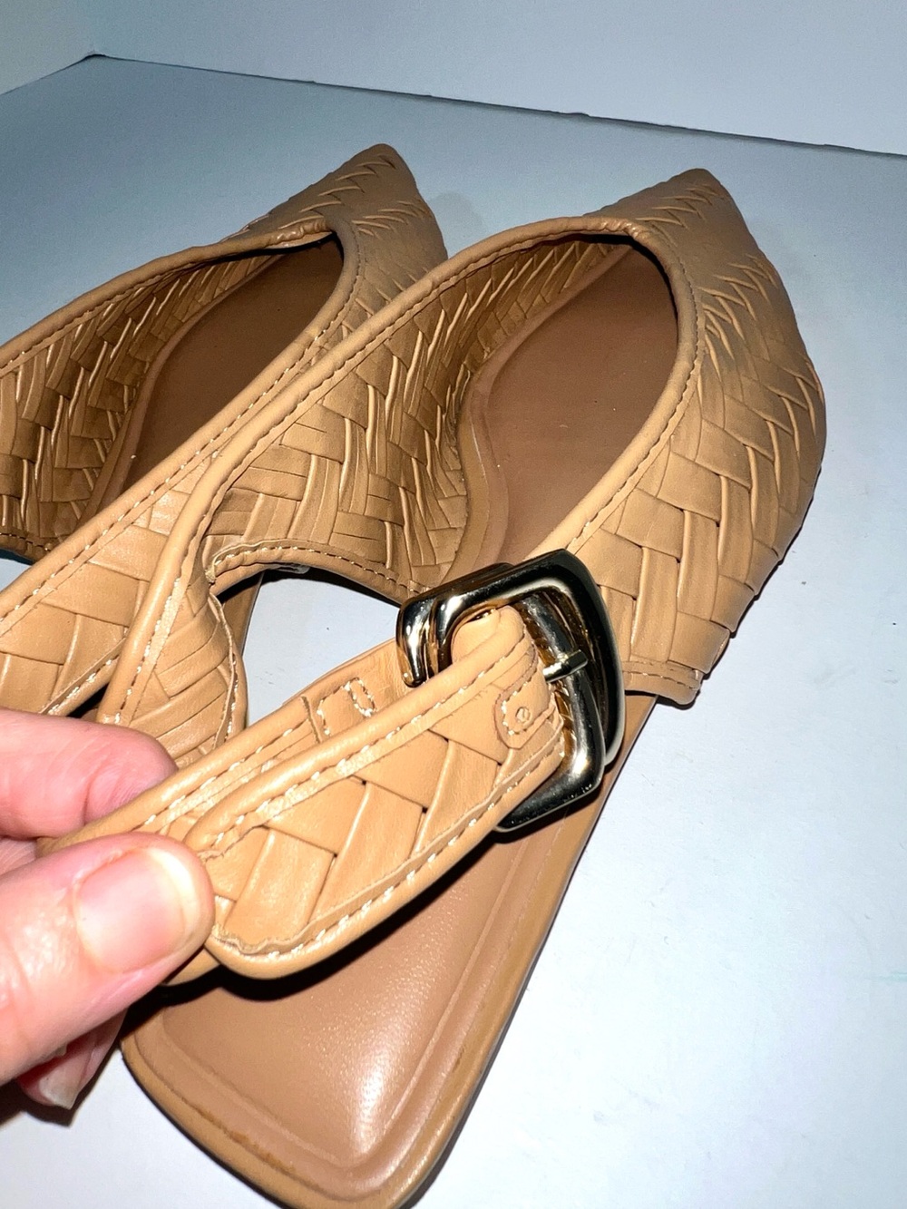 ZARA Woven Leather Pointed Toe Slingback Flats Buckle Nude Tan Sz 38 - Picture 3 of 12